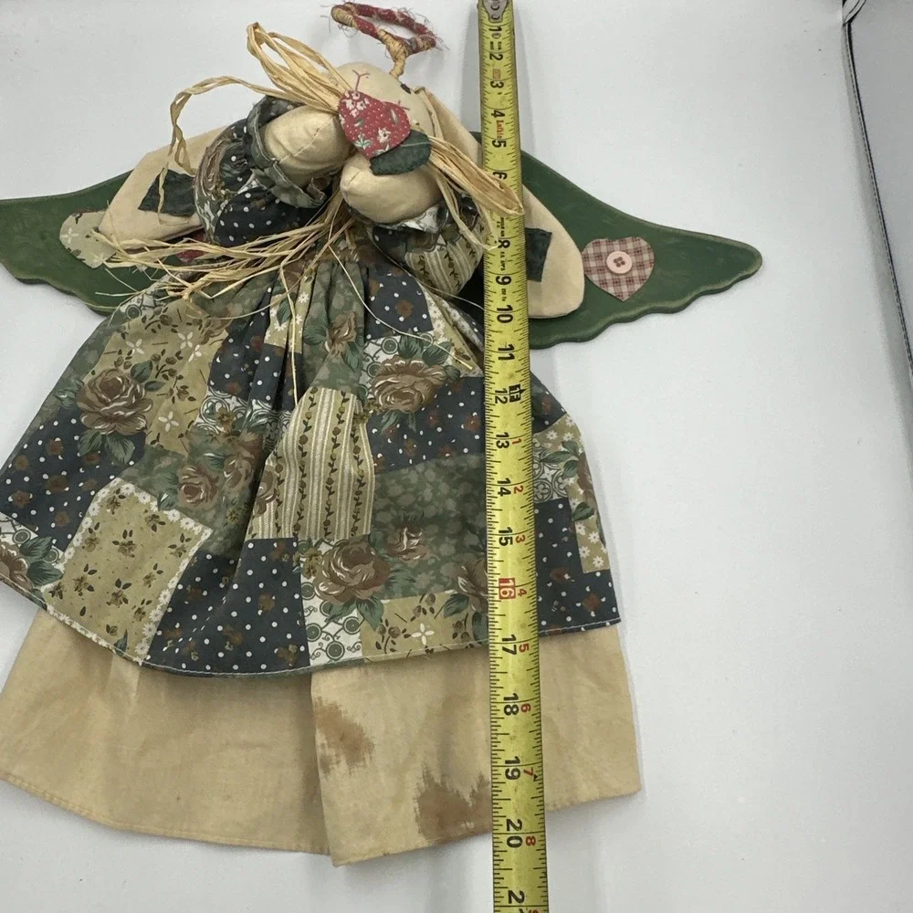 Primitive Angel BUNNY RABBIT Cloth Doll Wooden Wings Country‎ Cottage Wall Hang